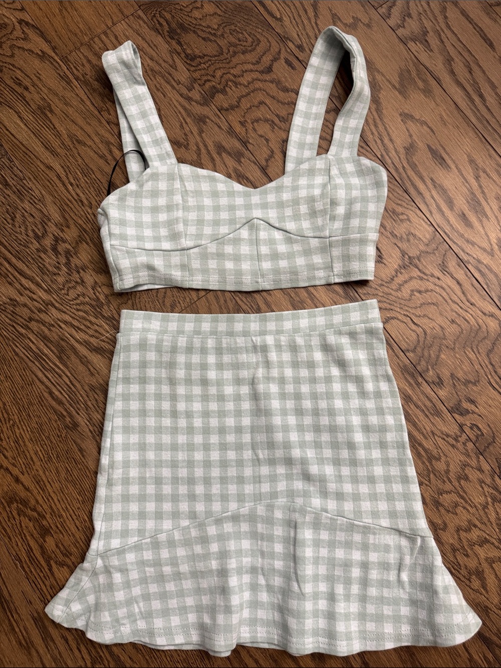 Gingham Mint Green Cotton-Blend Midi Skirt - Women's size small.